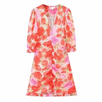 Oil Painting Rose Printed Pleated V Neck Polyester Short Sleeve Dress