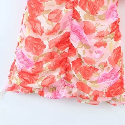 Oil Painting Rose Printed Pleated V Neck Polyester Short Sleeve Dress